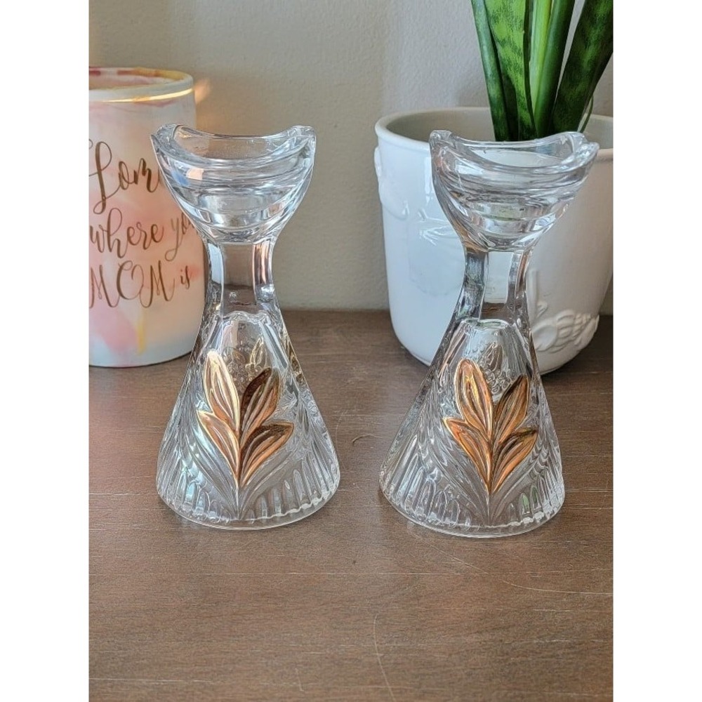 Anna Hutte Lead Crystal Double Sided Candle Holders With Gold details accents